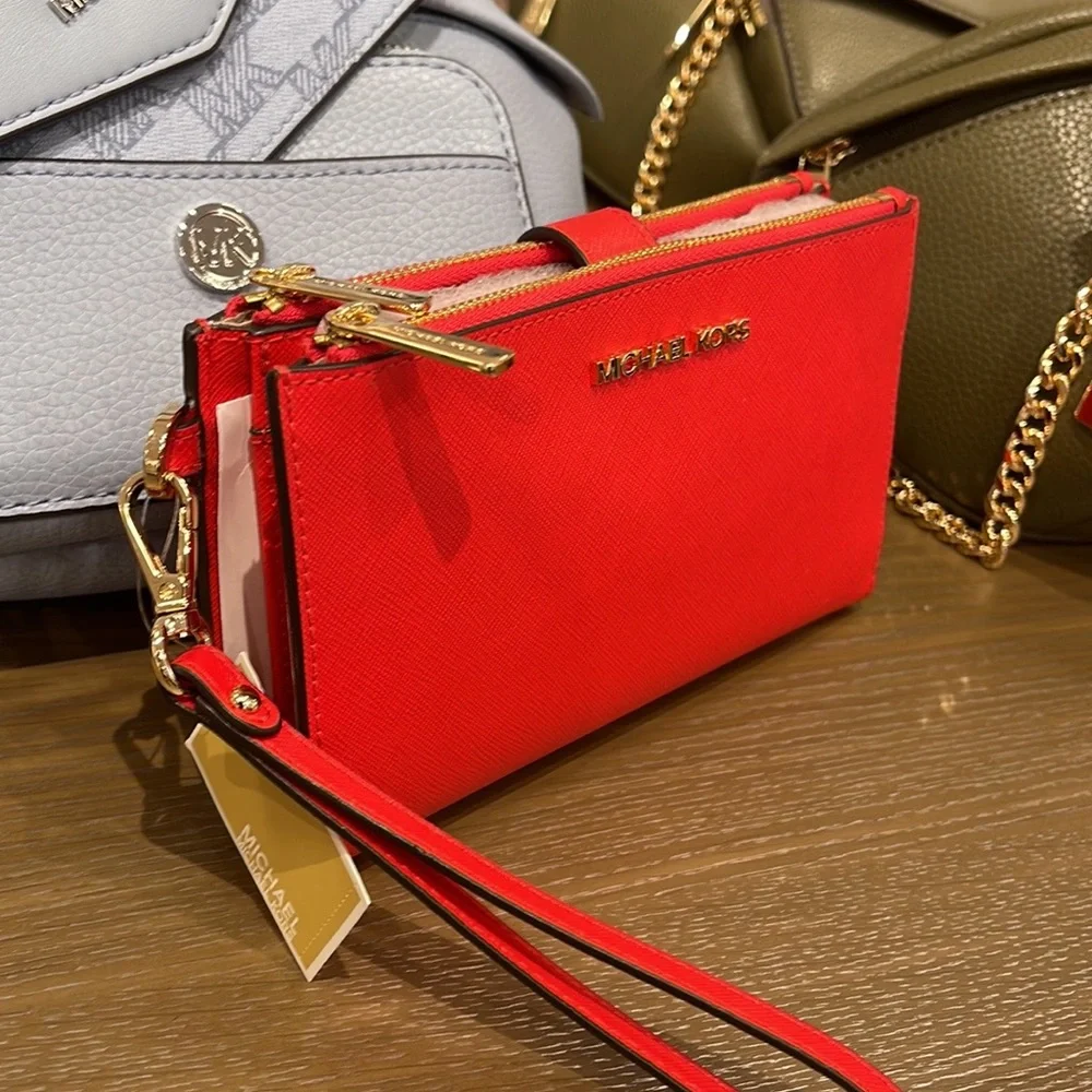 Michael Kors Jet Set Travel Large Double Zip Leather Wristlet phone holder NWT